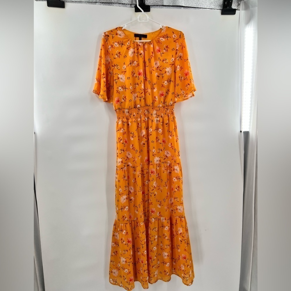 Rachel Roy floral maxi dress yellow short sleeve 10 ruffle hem smocked